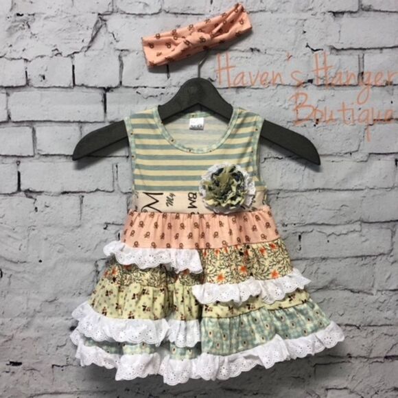 2pc. Ruffle Floral & Stripe Dress & Headband. Size 3T - Picture 2 of 6